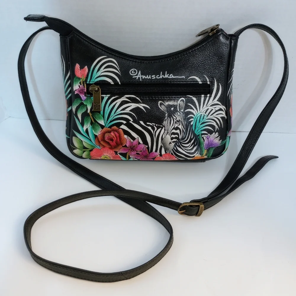 SOLD Anuschka Playful Zebras hand painted leather crossbody & wallet set NWOT - Picture 3 of 16